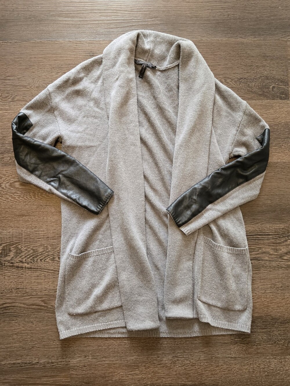 BCBGmaxazria Gray Open Front Cardigan with Faux Leather Sleeves – Size XS